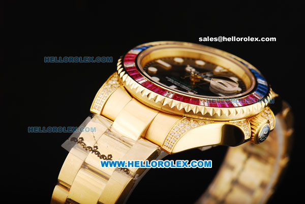 Rolex GMT Master II Swiss ETA 2836 Automatic Movement Full Gold with Colorful Diamond Bezel and White Markers - Click Image to Close